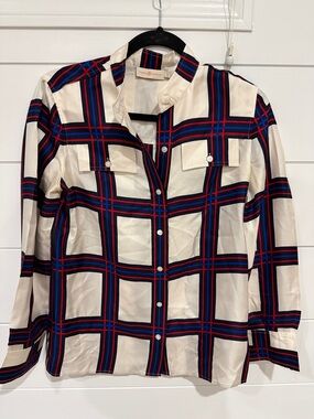 Tory Burch long sleeve window pane silk blouse sz 4